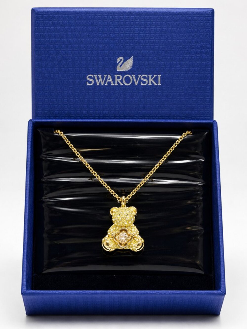 Swarovski Teddy Bear Pendant Necklace Yellow Crystal Clover Dancing Stone NIB